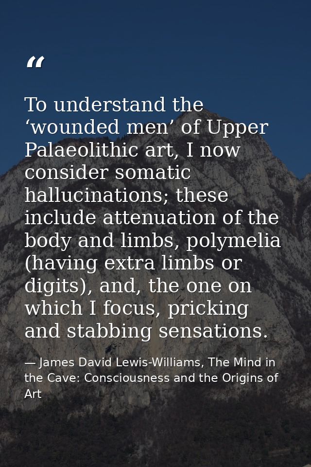 To understand the ‘wounded men’ of Upper Palaeolithic art, I now consider somatic hallucinations; these include attenuat — James David Lewis-Williams, The Mind in the Cave: Consciousness and the Origins of Art