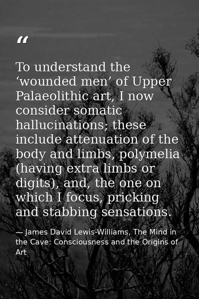 To understand the ‘wounded men’ of Upper Palaeolithic art, I now consider somatic hallucinations; these include attenuat — James David Lewis-Williams, The Mind in the Cave: Consciousness and the Origins of Art