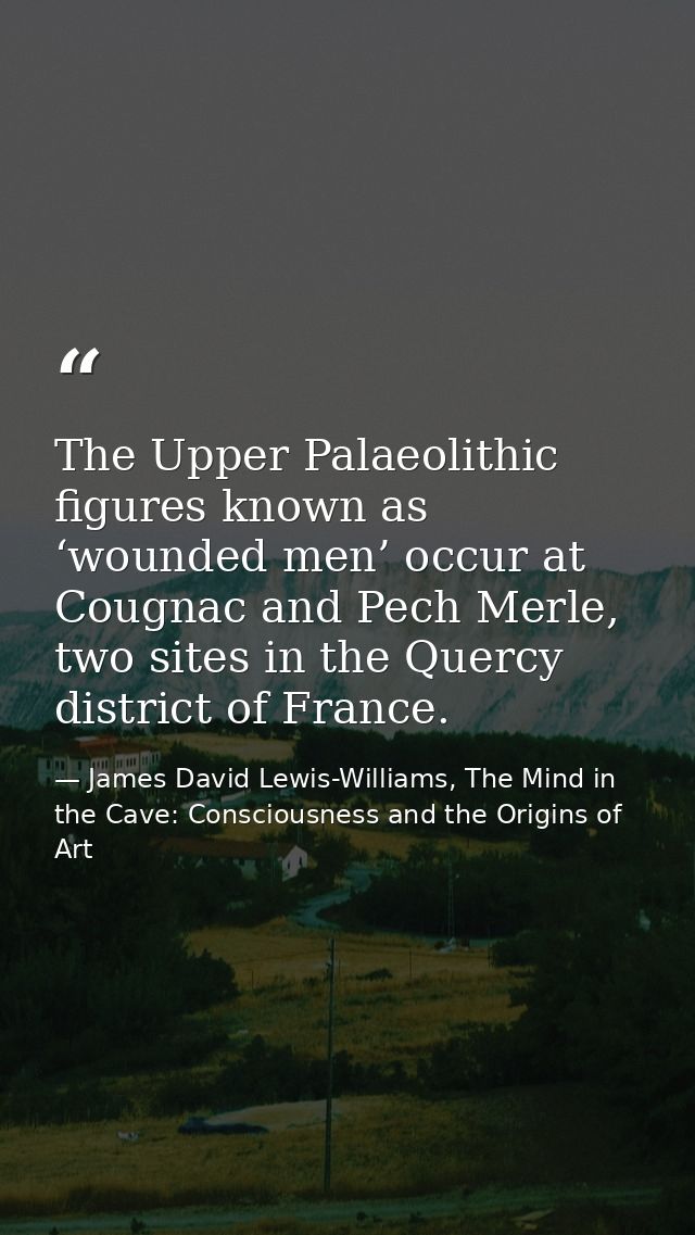 The Upper Palaeolithic figures known as ‘wounded men’ occur at Cougnac and Pech Merle, two sites in the Quercy district  — James David Lewis-Williams, The Mind in the Cave: Consciousness and the Origins of Art
