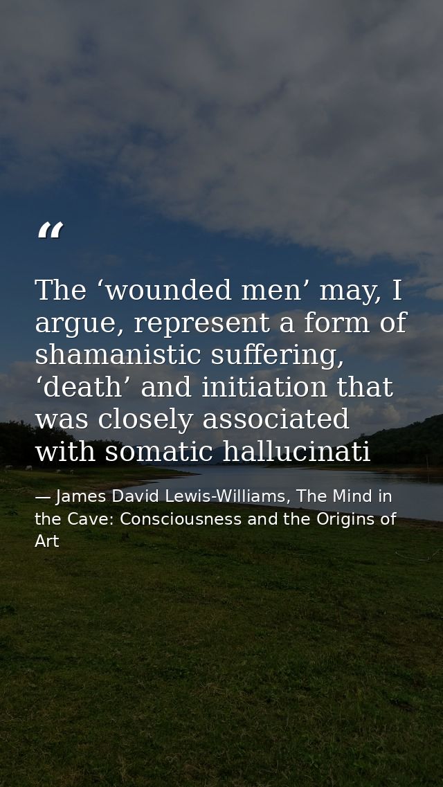 The ‘wounded men’ may, I argue, represent a form of shamanistic suffering, ‘death’ and initiation that was closely assoc — James David Lewis-Williams, The Mind in the Cave: Consciousness and the Origins of Art