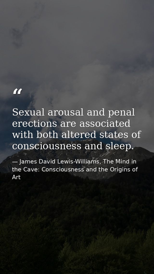 Sexual arousal and penal erections are associated with both altered states of consciousness and sleep. — James David Lewis-Williams, The Mind in the Cave: Consciousness and the Origins of Art