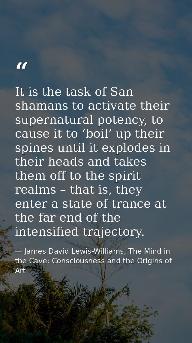 It is the task of San shamans to activate their supernatural potency, to cause it to ‘boil’ up their spines until it exp — James David Lewis-Williams, The Mind in the Cave: Consciousness and the Origins of Art