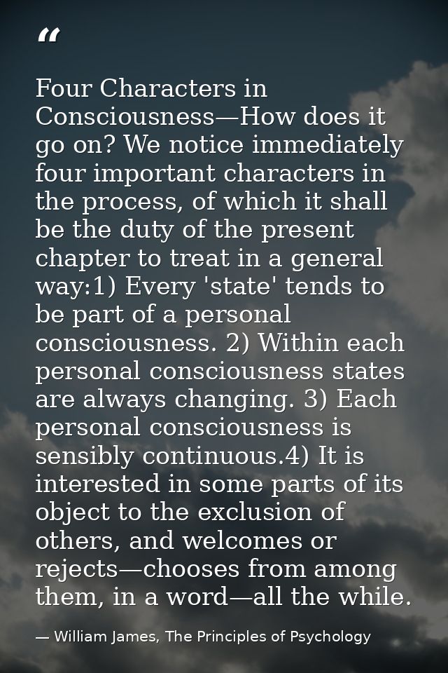 Four Characters in Consciousness—How does it go on? We notice immediately four important characters in the process, of w — William James, The Principles of Psychology