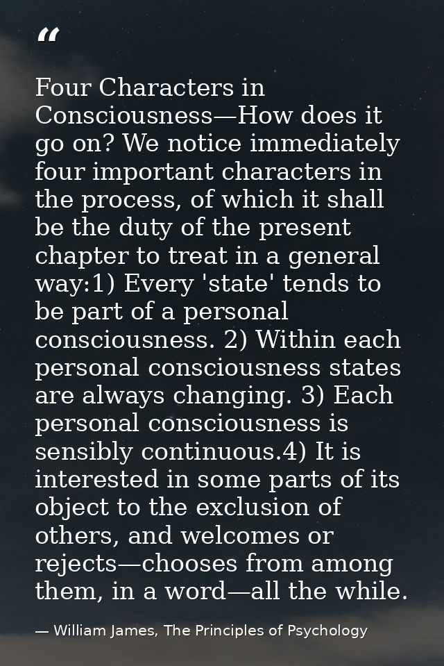 Four Characters in Consciousness—How does it go on? We notice immediately four important characters in the process, of w — William James, The Principles of Psychology