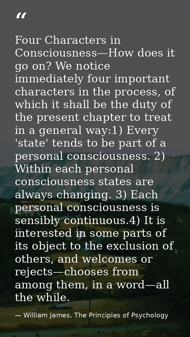 Four Characters in Consciousness—How does it go on? We notice immediately four important characters in the process, of w — William James, The Principles of Psychology