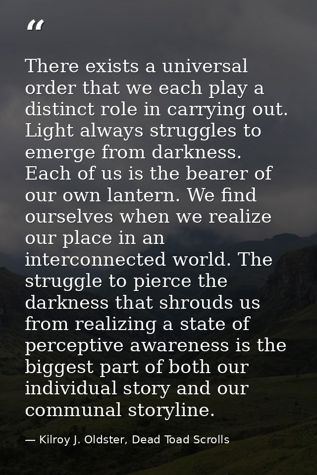 There exists a universal order that we each play a distinct role in carrying out. Light always struggles to emerge from  — Kilroy J. Oldster, Dead Toad Scrolls