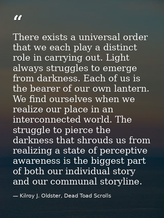 There exists a universal order that we each play a distinct role in carrying out. Light always struggles to emerge from  — Kilroy J. Oldster, Dead Toad Scrolls