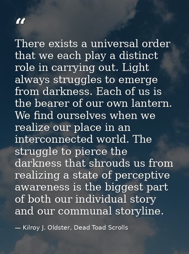 There exists a universal order that we each play a distinct role in carrying out. Light always struggles to emerge from  — Kilroy J. Oldster, Dead Toad Scrolls