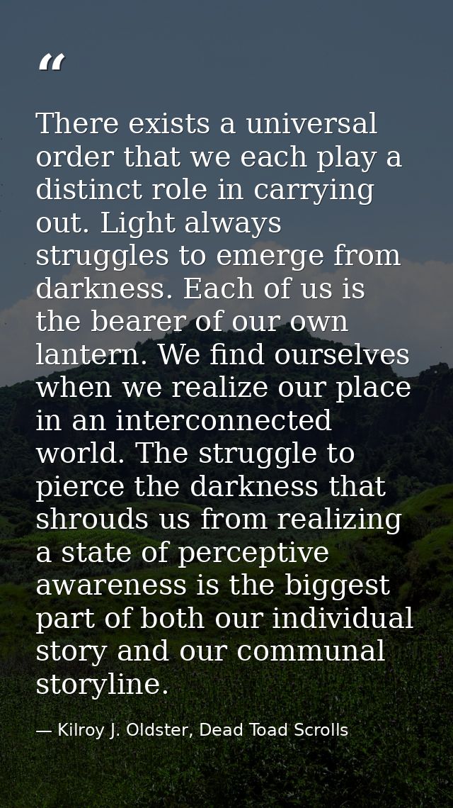 There exists a universal order that we each play a distinct role in carrying out. Light always struggles to emerge from  — Kilroy J. Oldster, Dead Toad Scrolls