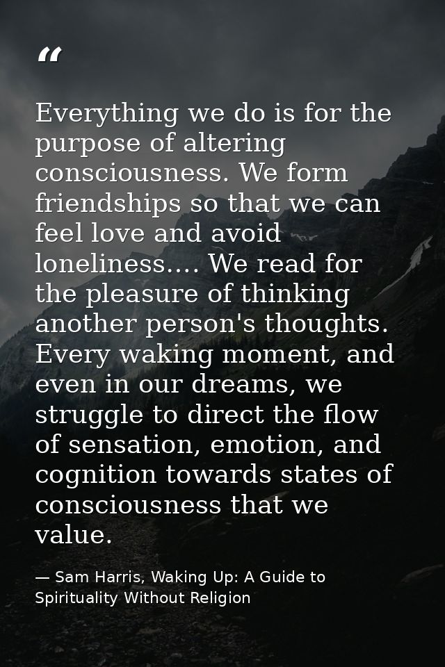 Everything we do is for the purpose of altering consciousness. We form friendships so that we can feel love and avoid lo — Sam Harris, Waking Up: A Guide to Spirituality Without Religion