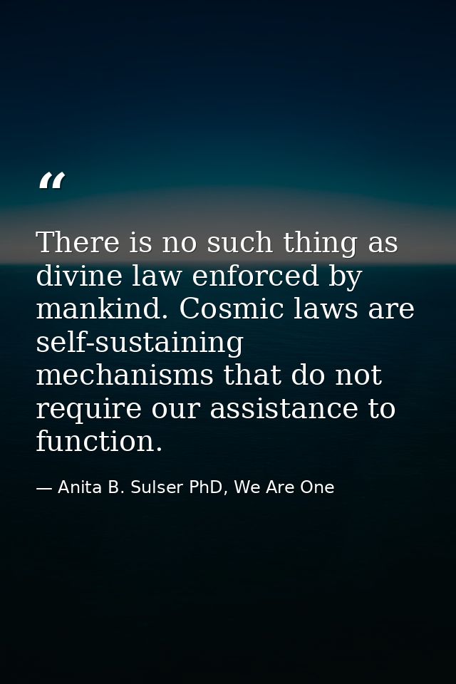 There is no such thing as divine law enforced by mankind. Cosmic laws are self-sustaining mechanisms that do not require — Anita B. Sulser PhD, We Are One