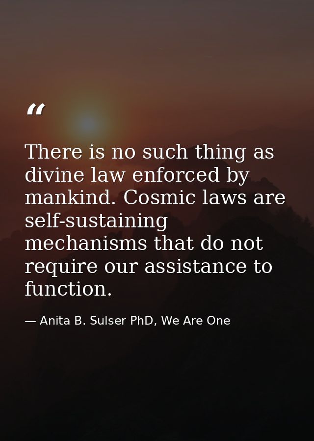 There is no such thing as divine law enforced by mankind. Cosmic laws are self-sustaining mechanisms that do not require — Anita B. Sulser PhD, We Are One