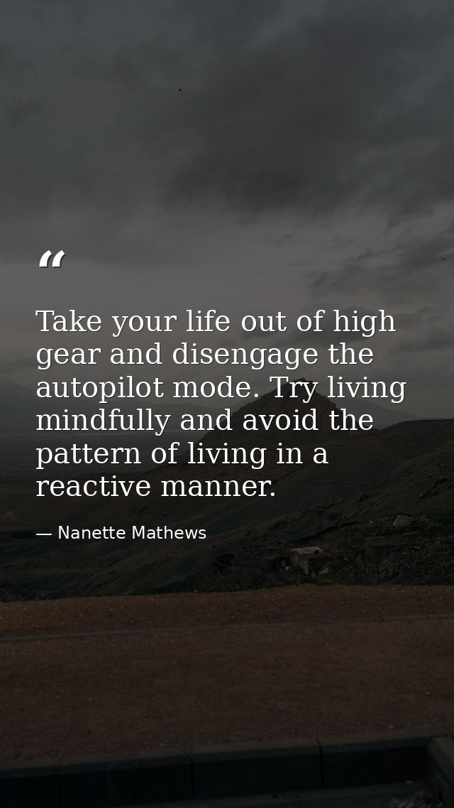 Take your life out of high gear and disengage the autopilot mode. Try living mindfully and avoid the pattern of living i — Nanette Mathews