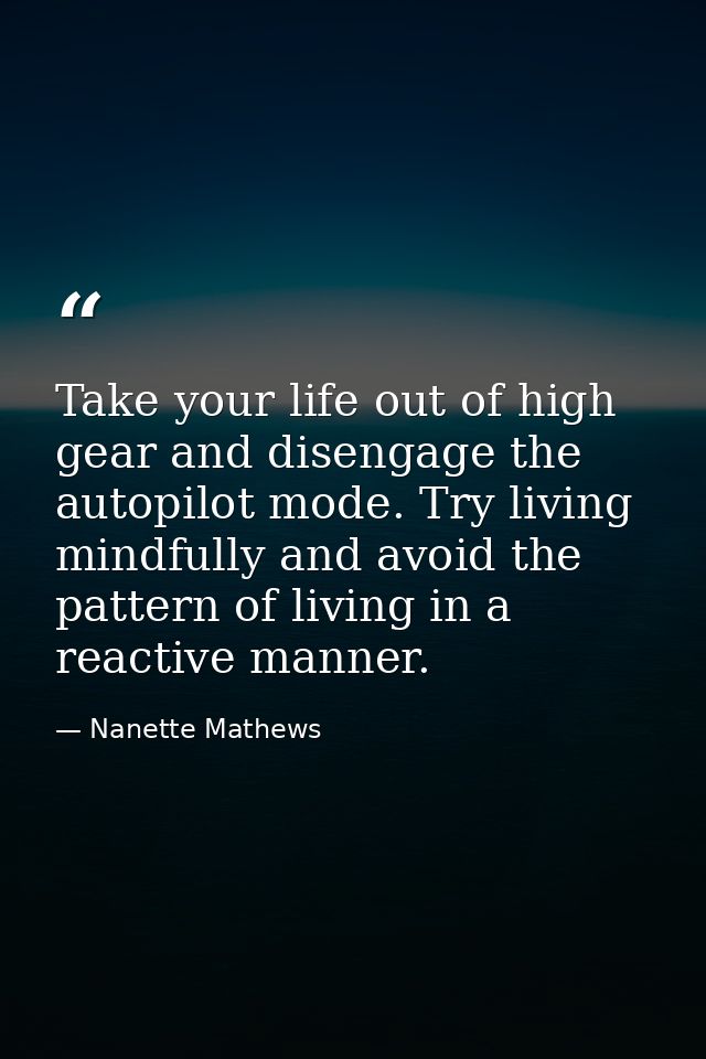 Take your life out of high gear and disengage the autopilot mode. Try living mindfully and avoid the pattern of living i — Nanette Mathews