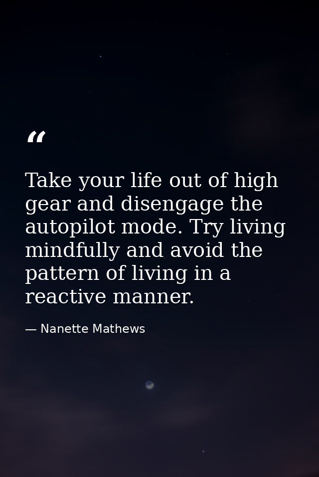 Take your life out of high gear and disengage the autopilot mode. Try living mindfully and avoid the pattern of living i — Nanette Mathews