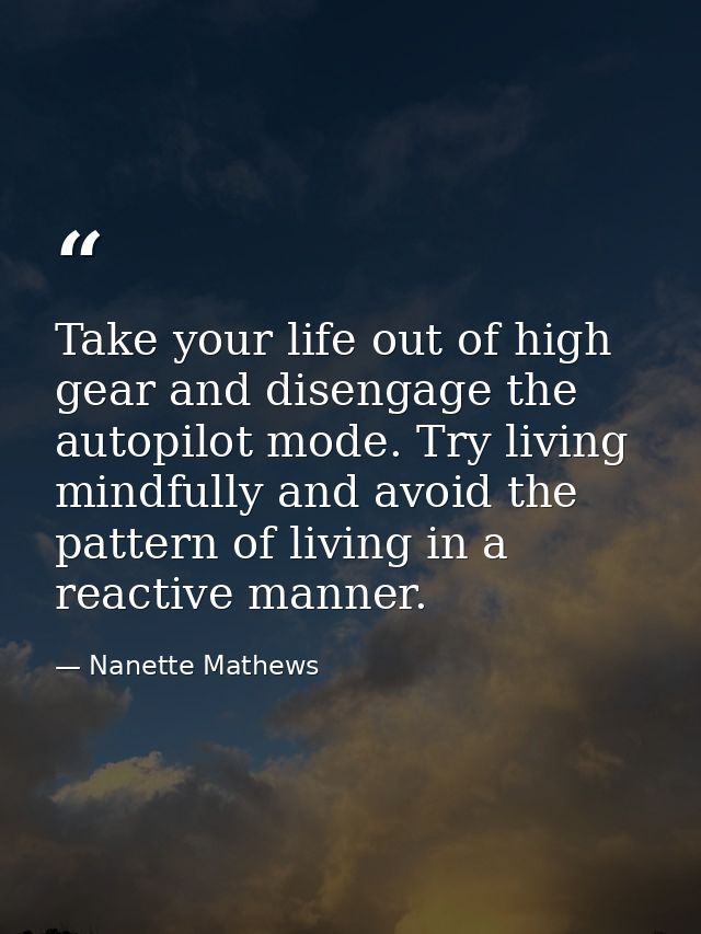 Take your life out of high gear and disengage the autopilot mode. Try living mindfully and avoid the pattern of living i — Nanette Mathews