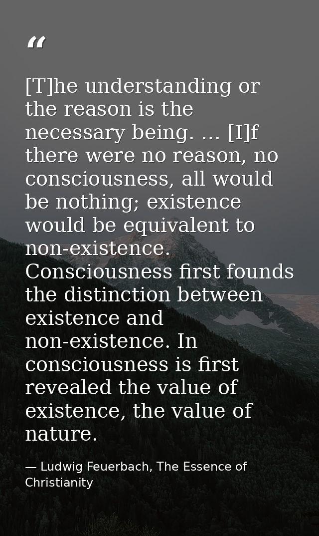 [T]he understanding or the reason is the necessary being. … [I]f there were no reason, no consciousness, all would be no — Ludwig Feuerbach, The Essence of Christianity