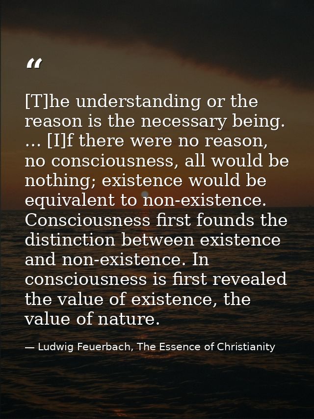 [T]he understanding or the reason is the necessary being. … [I]f there were no reason, no consciousness, all would be no — Ludwig Feuerbach, The Essence of Christianity