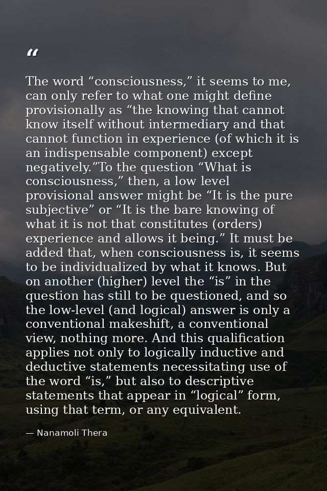 The word “consciousness,” it seems to me, can only refer to what one might define provisionally as “the knowing that can — Nanamoli Thera