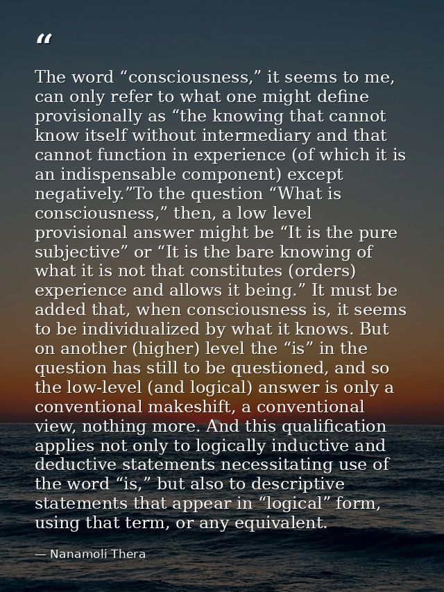 The word “consciousness,” it seems to me, can only refer to what one might define provisionally as “the knowing that can — Nanamoli Thera