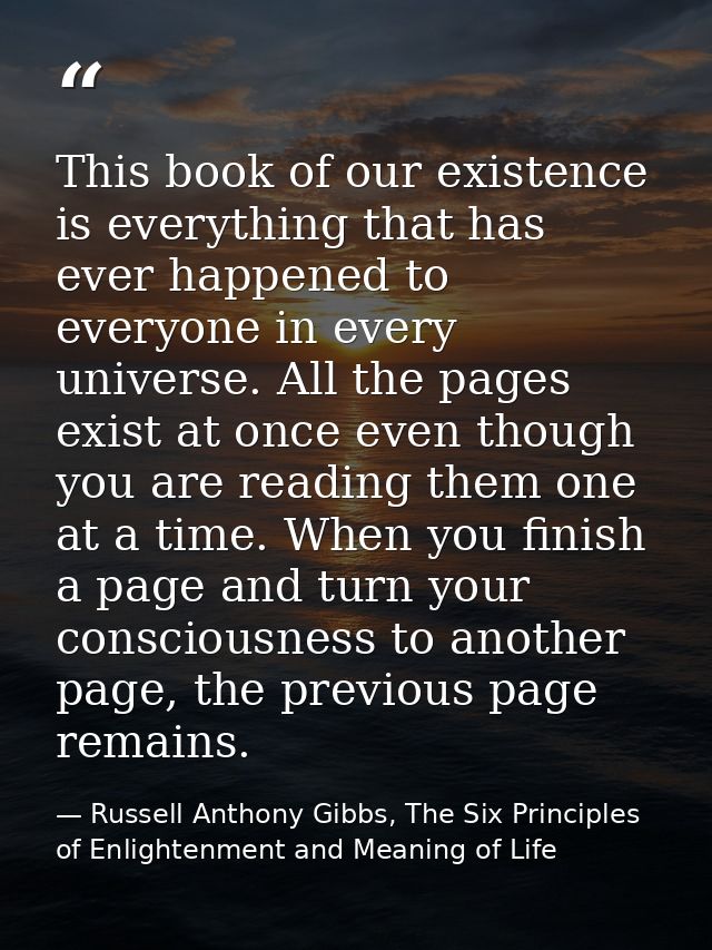 This book of our existence is everything that has ever happened to everyone in every universe. All the pages exist at on — Russell Anthony Gibbs, The Six Principles of Enlightenment and Meaning of Life