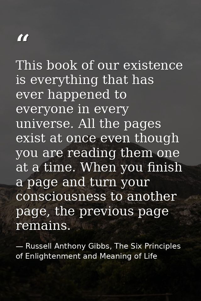 This book of our existence is everything that has ever happened to everyone in every universe. All the pages exist at on — Russell Anthony Gibbs, The Six Principles of Enlightenment and Meaning of Life