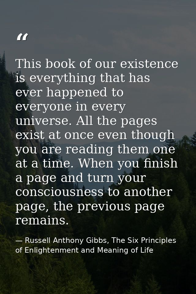 This book of our existence is everything that has ever happened to everyone in every universe. All the pages exist at on — Russell Anthony Gibbs, The Six Principles of Enlightenment and Meaning of Life