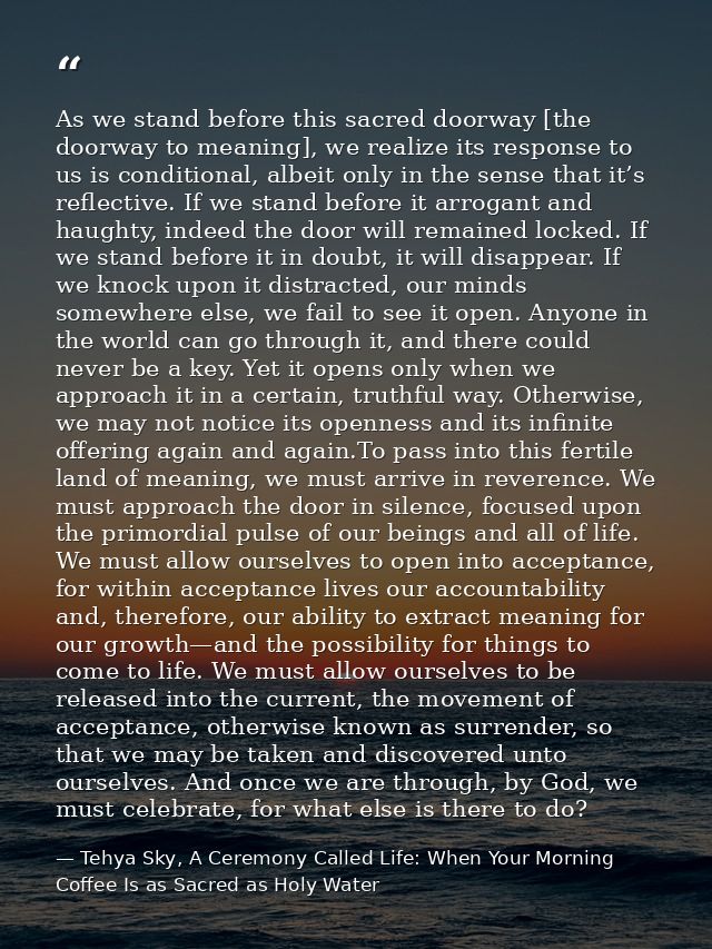 As we stand before this sacred doorway [the doorway to meaning], we realize its response to us is conditional, albeit on — Tehya Sky, A Ceremony Called Life: When Your Morning Coffee Is as Sacred as Holy Water