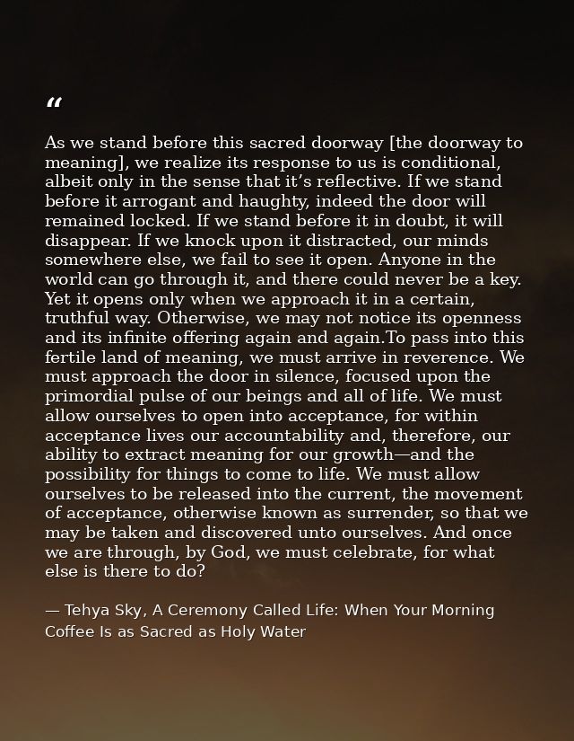 As we stand before this sacred doorway [the doorway to meaning], we realize its response to us is conditional, albeit on — Tehya Sky, A Ceremony Called Life: When Your Morning Coffee Is as Sacred as Holy Water