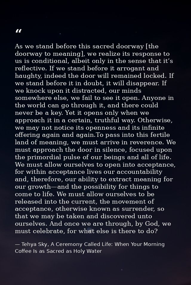 As we stand before this sacred doorway [the doorway to meaning], we realize its response to us is conditional, albeit on — Tehya Sky, A Ceremony Called Life: When Your Morning Coffee Is as Sacred as Holy Water