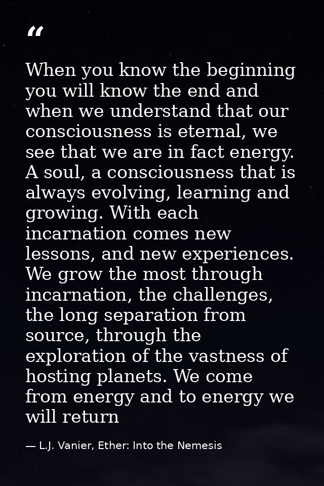When you know the beginning you will know the end and when we understand that our consciousness is eternal, we see that  — L.J. Vanier, Ether: Into the Nemesis