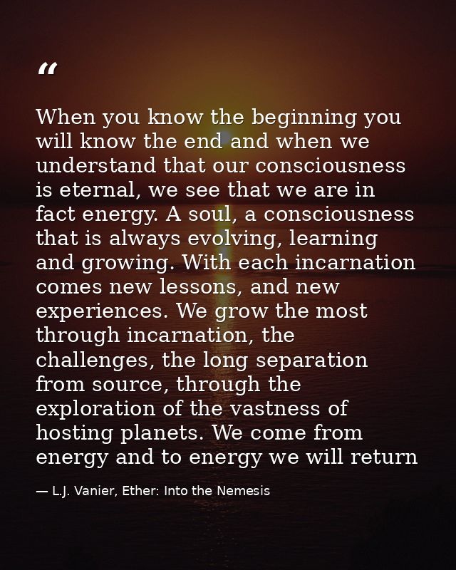 When you know the beginning you will know the end and when we understand that our consciousness is eternal, we see that  — L.J. Vanier, Ether: Into the Nemesis