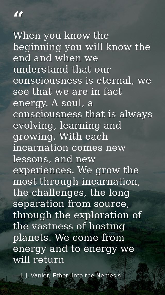 When you know the beginning you will know the end and when we understand that our consciousness is eternal, we see that  — L.J. Vanier, Ether: Into the Nemesis