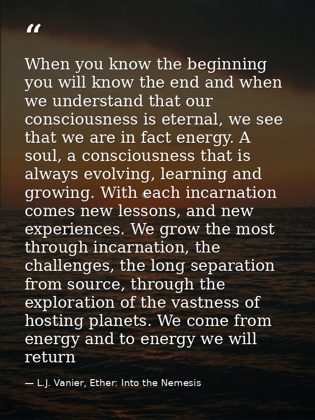 When you know the beginning you will know the end and when we understand that our consciousness is eternal, we see that  — L.J. Vanier, Ether: Into the Nemesis