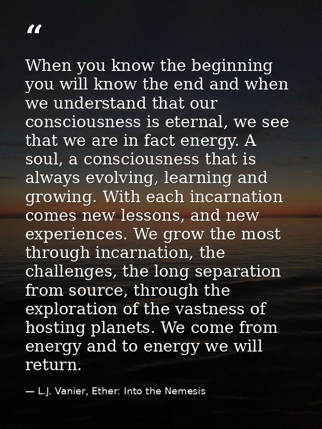 When you know the beginning you will know the end and when we understand that our consciousness is eternal, we see that  — L.J. Vanier, Ether: Into the Nemesis