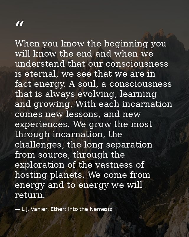 When you know the beginning you will know the end and when we understand that our consciousness is eternal, we see that  — L.J. Vanier, Ether: Into the Nemesis
