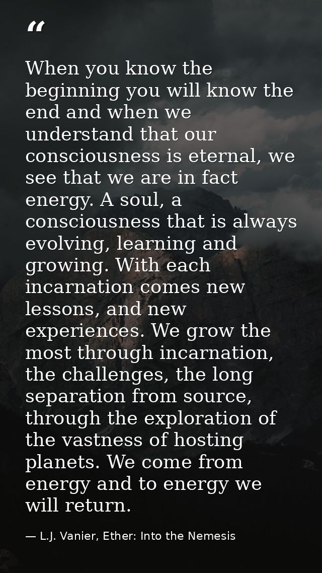 When you know the beginning you will know the end and when we understand that our consciousness is eternal, we see that  — L.J. Vanier, Ether: Into the Nemesis