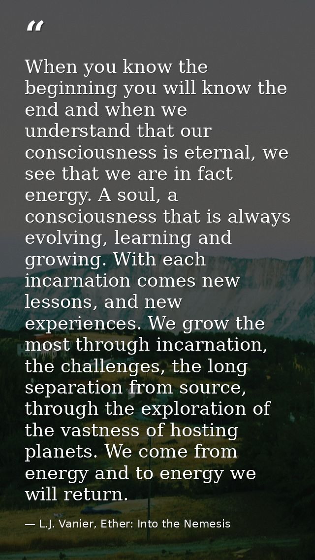 When you know the beginning you will know the end and when we understand that our consciousness is eternal, we see that  — L.J. Vanier, Ether: Into the Nemesis
