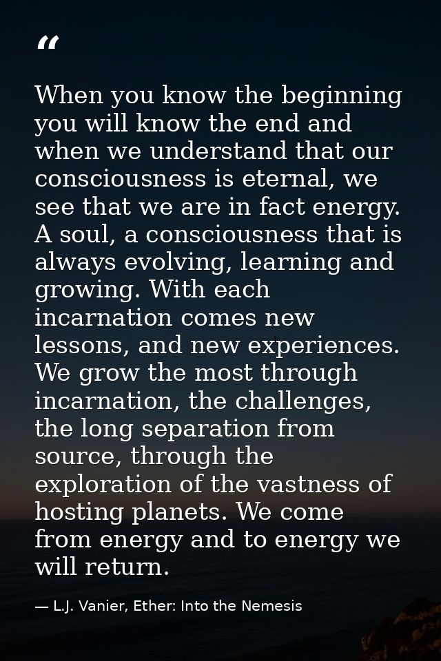 When you know the beginning you will know the end and when we understand that our consciousness is eternal, we see that  — L.J. Vanier, Ether: Into the Nemesis