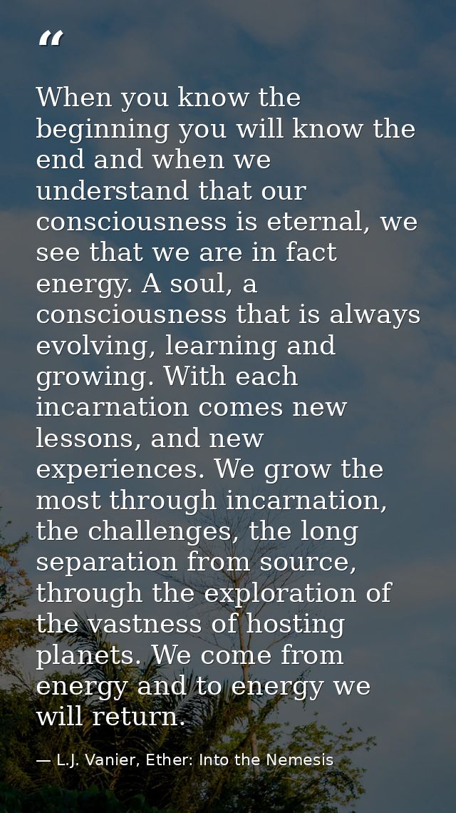 When you know the beginning you will know the end and when we understand that our consciousness is eternal, we see that  — L.J. Vanier, Ether: Into the Nemesis