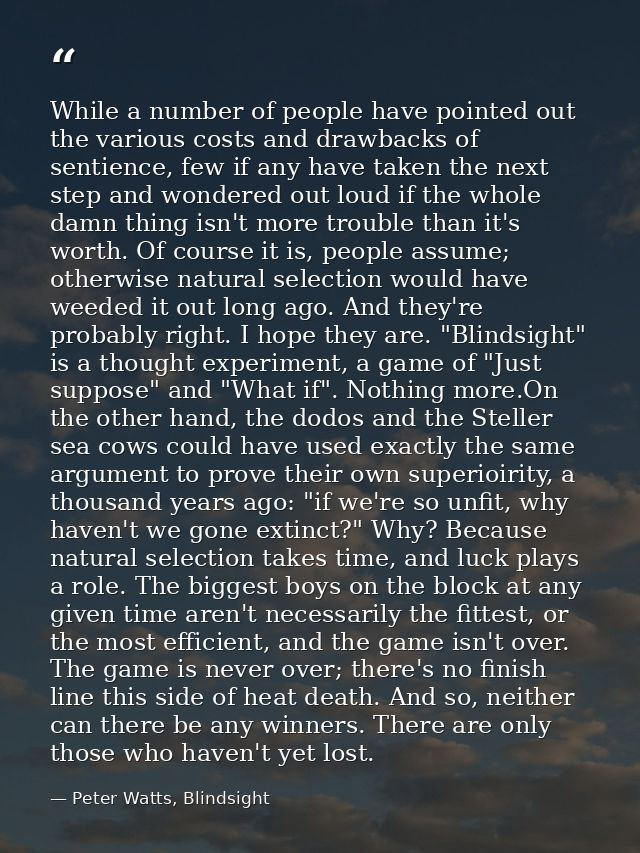 While a number of people have pointed out the various costs and drawbacks of sentience, few if any have taken the next s — Peter Watts, Blindsight