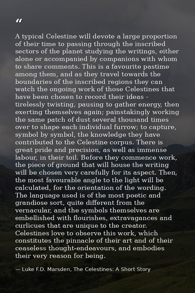 A typical Celestine will devote a large proportion of their time to passing through the inscribed sectors of the planet  — Luke F.D. Marsden, The Celestines: A Short Story