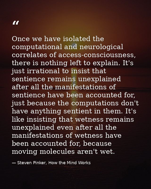 Once we have isolated the computational and neurological correlates of access-consciousness, there is nothing left to ex — Steven Pinker, How the Mind Works