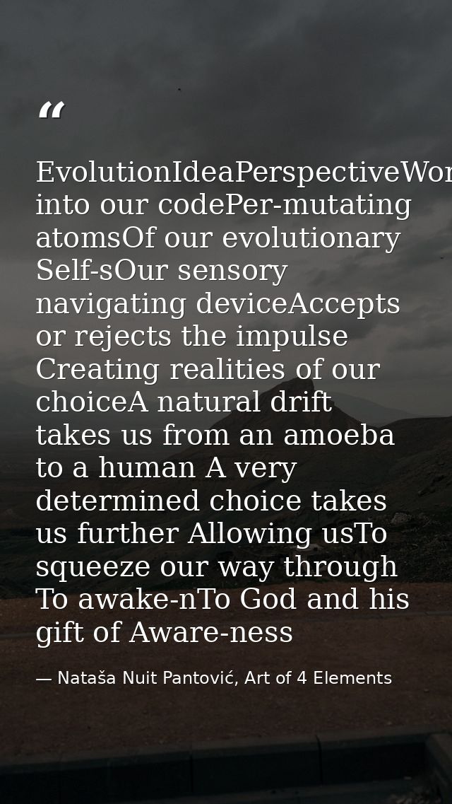 EvolutionIdeaPerspectiveWordBreaks into our codePer-mutating atomsOf our evolutionary Self-sOur sensory navigating devic — Nataša Nuit Pantović, Art of 4 Elements