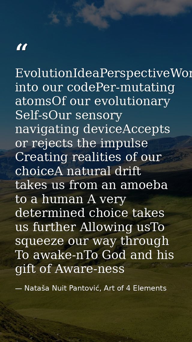 EvolutionIdeaPerspectiveWordBreaks into our codePer-mutating atomsOf our evolutionary Self-sOur sensory navigating devic — Nataša Nuit Pantović, Art of 4 Elements