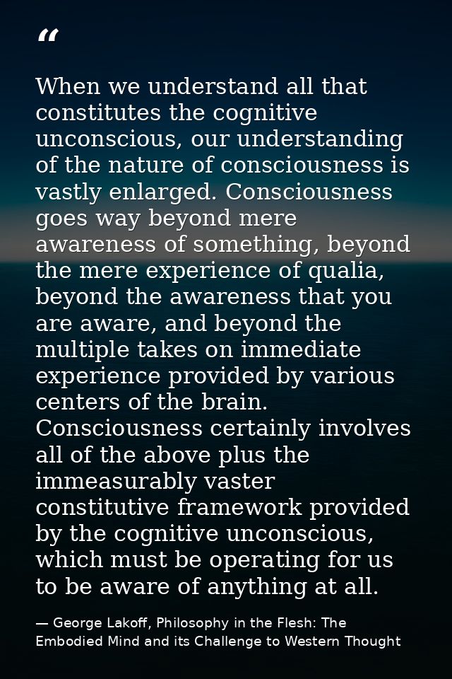 When we understand all that constitutes the cognitive unconscious, our understanding of the nature of consciousness is v — George Lakoff, Philosophy in the Flesh: The Embodied Mind and its Challenge to Western Thought