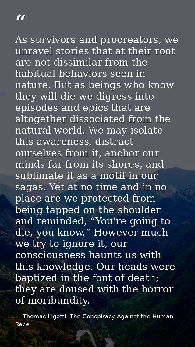 As survivors and procreators, we unravel stories that at their root are not dissimilar from the habitual behaviors seen  — Thomas Ligotti, The Conspiracy Against the Human Race
