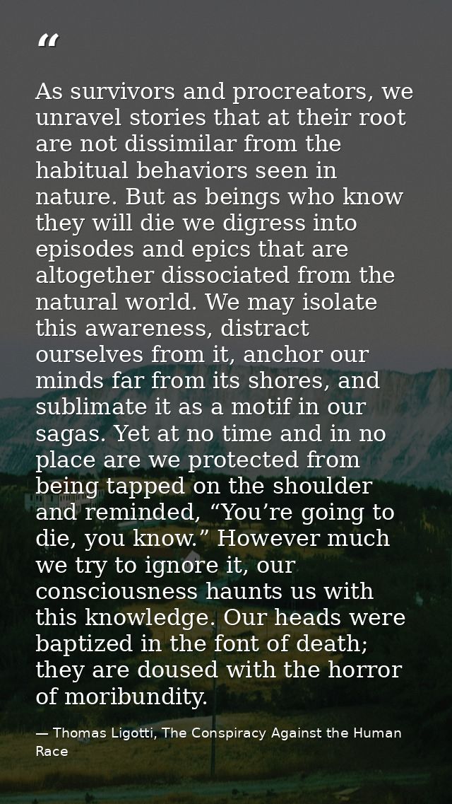 As survivors and procreators, we unravel stories that at their root are not dissimilar from the habitual behaviors seen  — Thomas Ligotti, The Conspiracy Against the Human Race