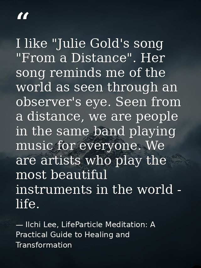 I like "Julie Gold's song "From a Distance". Her song reminds me of the world as seen through an observer's eye. Seen fr — Ilchi Lee, LifeParticle Meditation: A Practical Guide to Healing and Transformation