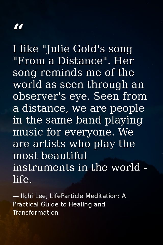 I like "Julie Gold's song "From a Distance". Her song reminds me of the world as seen through an observer's eye. Seen fr — Ilchi Lee, LifeParticle Meditation: A Practical Guide to Healing and Transformation